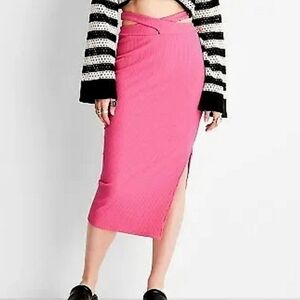 SALE NWT Future Collective Alani Noelle Bright Pink Rib Cross Waist Midi Skirt M